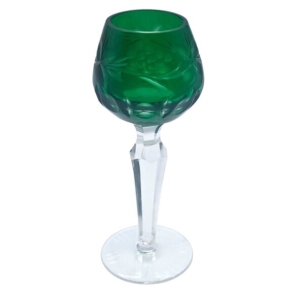 Lausitzer Grapes & Vines Cut To Clear Cordial Glasses Set Of 3 Emerald Green Ame - Picture 10 of 12